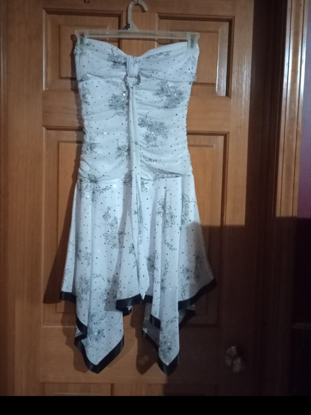 Deb White Strapless Handkerchief Hem Floral Dress with Black Trim